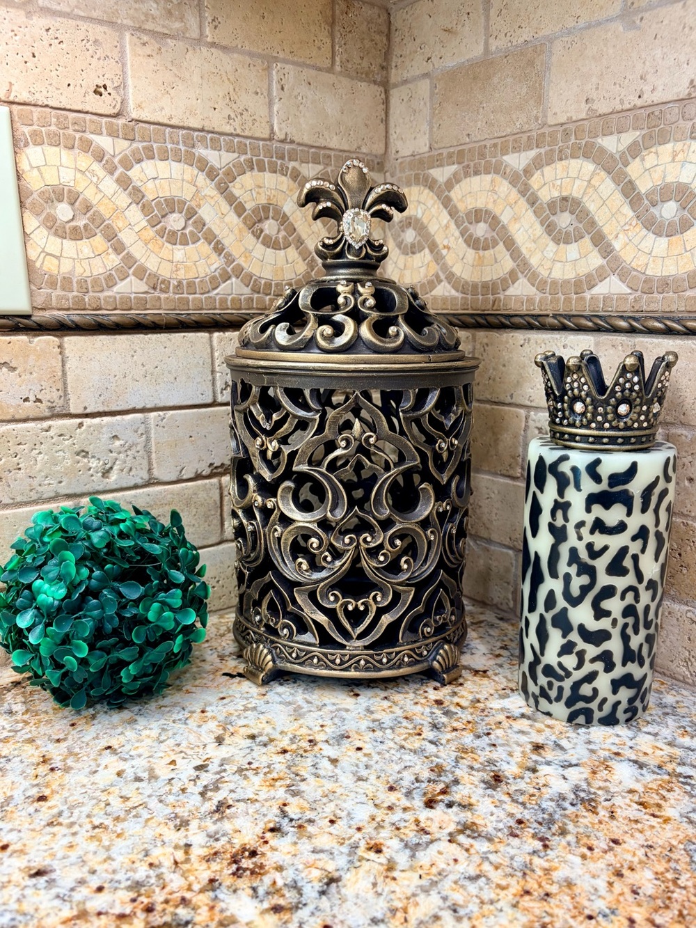 Ornate Filigree Decorative Jar with Fleur-de-Lis Finial - Bronze